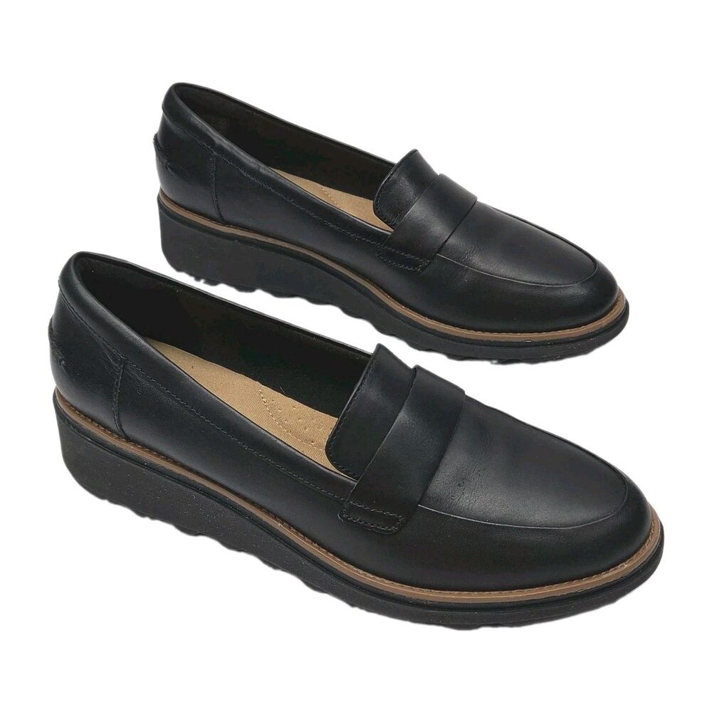 Clarks Collection Shoe Loafer Women Sz 9 Black Slip On 1.75" Wedge Heel
